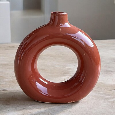 Donut Shaped Brown Ceramic Vase