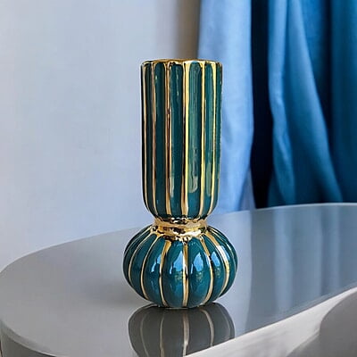 Green and Gold Ceramic Vase with Striped Design