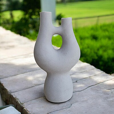 Grey Textured Ceramic Vase with Organic Shape and Cutout