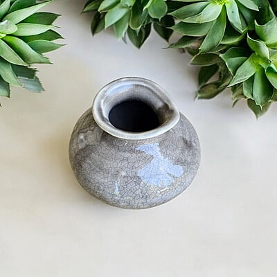 Grey Ceramic Vase with Cracked Glaze