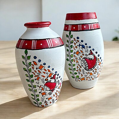 Handpainted Teracotta Vases White with Red Top