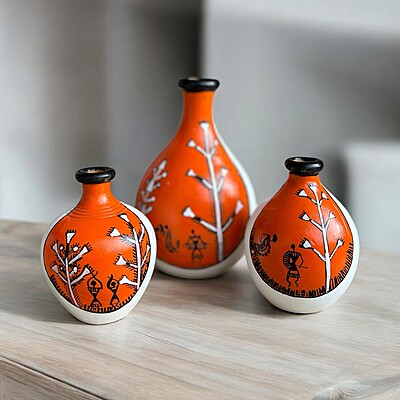 Handpainted Teracotta Vases White with Black Top