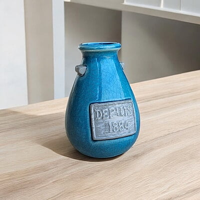 Blue Ceramic Vase with "Depuis 1884" Detail