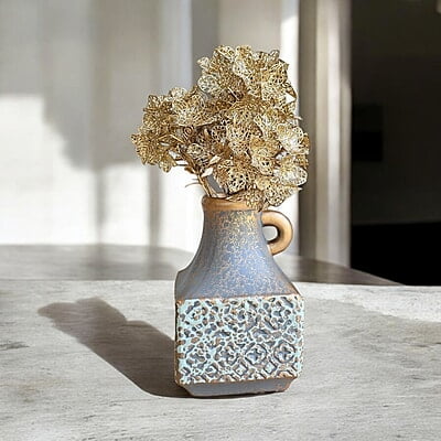 Antique Grey Ceramic Vase with Gold Accents