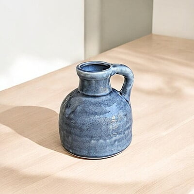 Bluish grey Ceramic Vase with Cracked Glaze and Handle